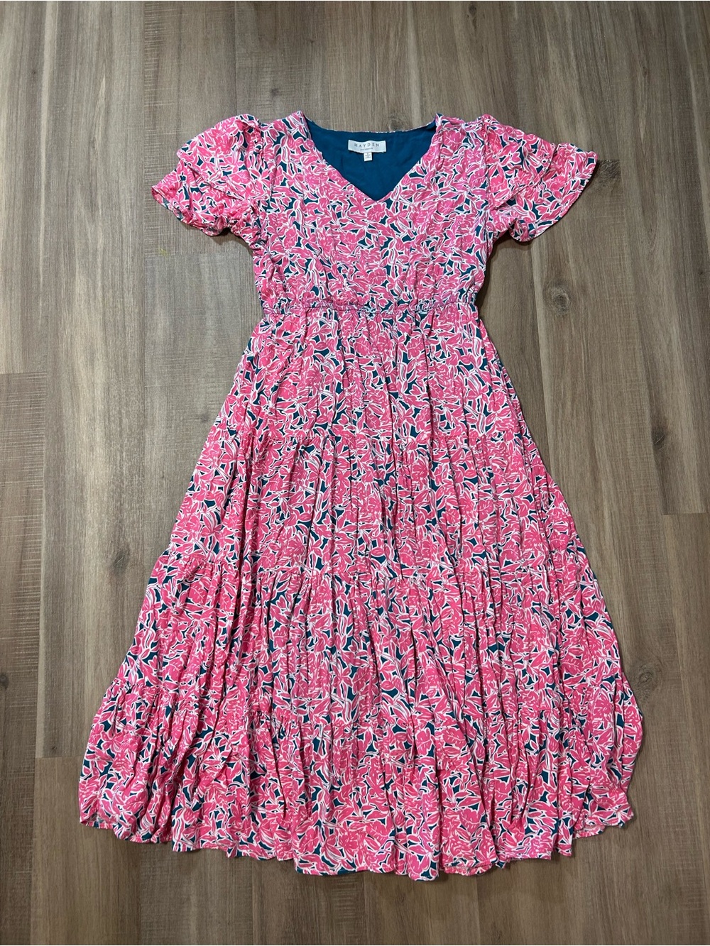Hayden Pink Floral V-Neck Tiered Midi Dress